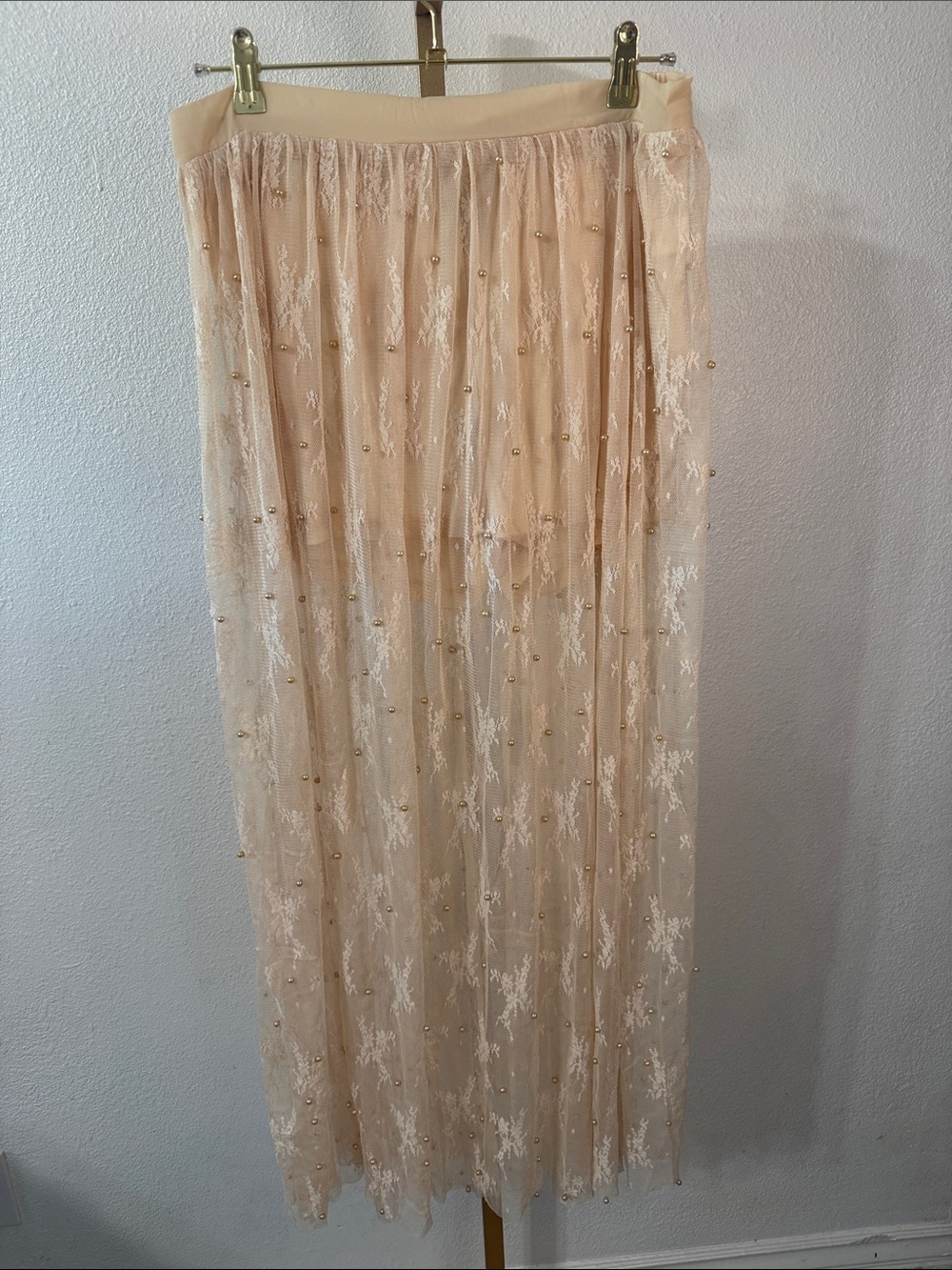 HAYDEN- Embroidered with pearl embellishments Beige Maxi Skirt- Large- NWT